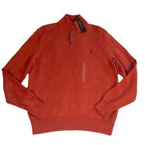 NWT Polo Ralph Lauren Orange Cotton 3 Button Mock Neck Sweater Men Large Preppy